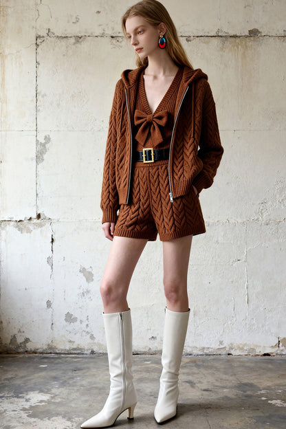 Hooded Cable Knit Cardigan and Shorts Set