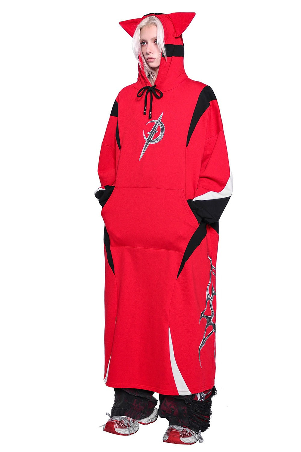 Cat Ear Spliced Racing Stripe Long Hoodie