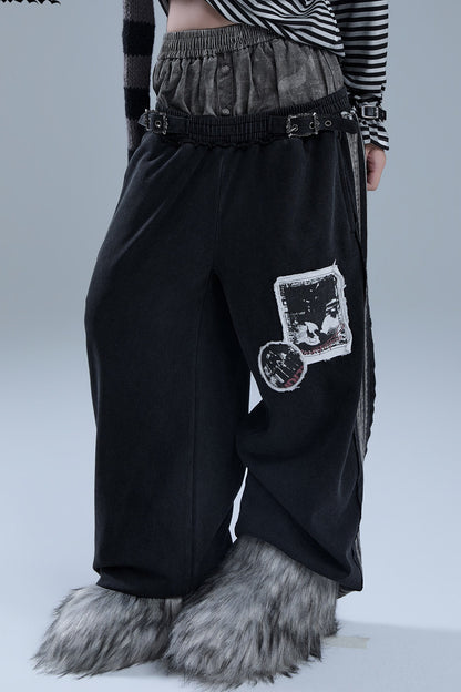 Layered-Look Patchwork Striped Pants