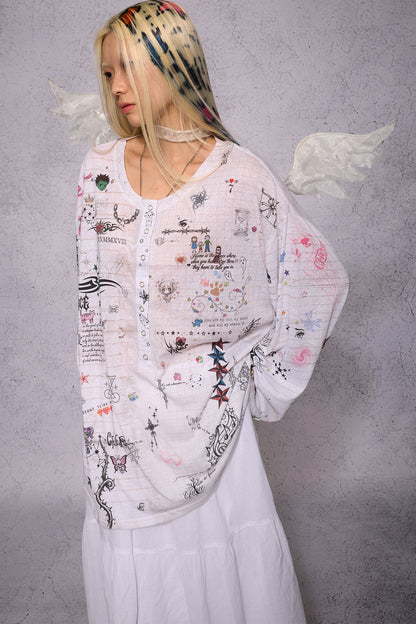Manuscript Print Long Sleeve Open Front Shirt