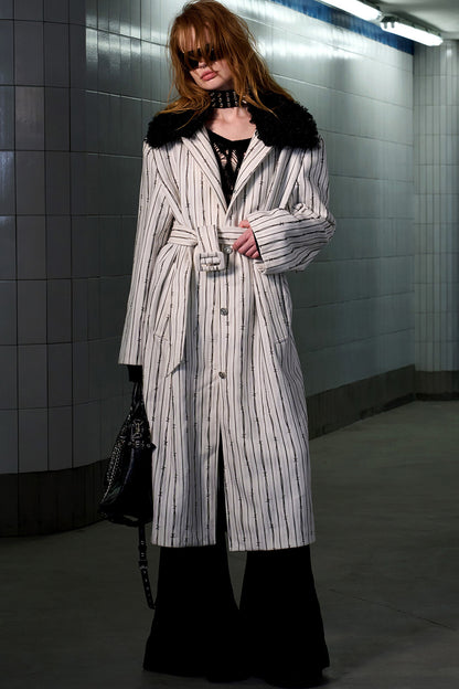 Patchwork Stripe Fur Collar Coat