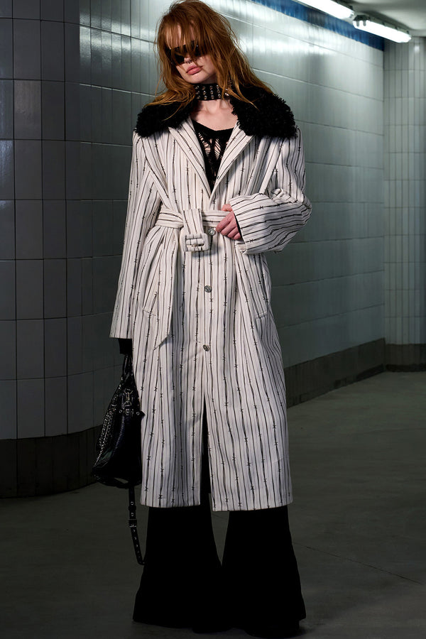 Patchwork Stripe Fur Collar Coat
