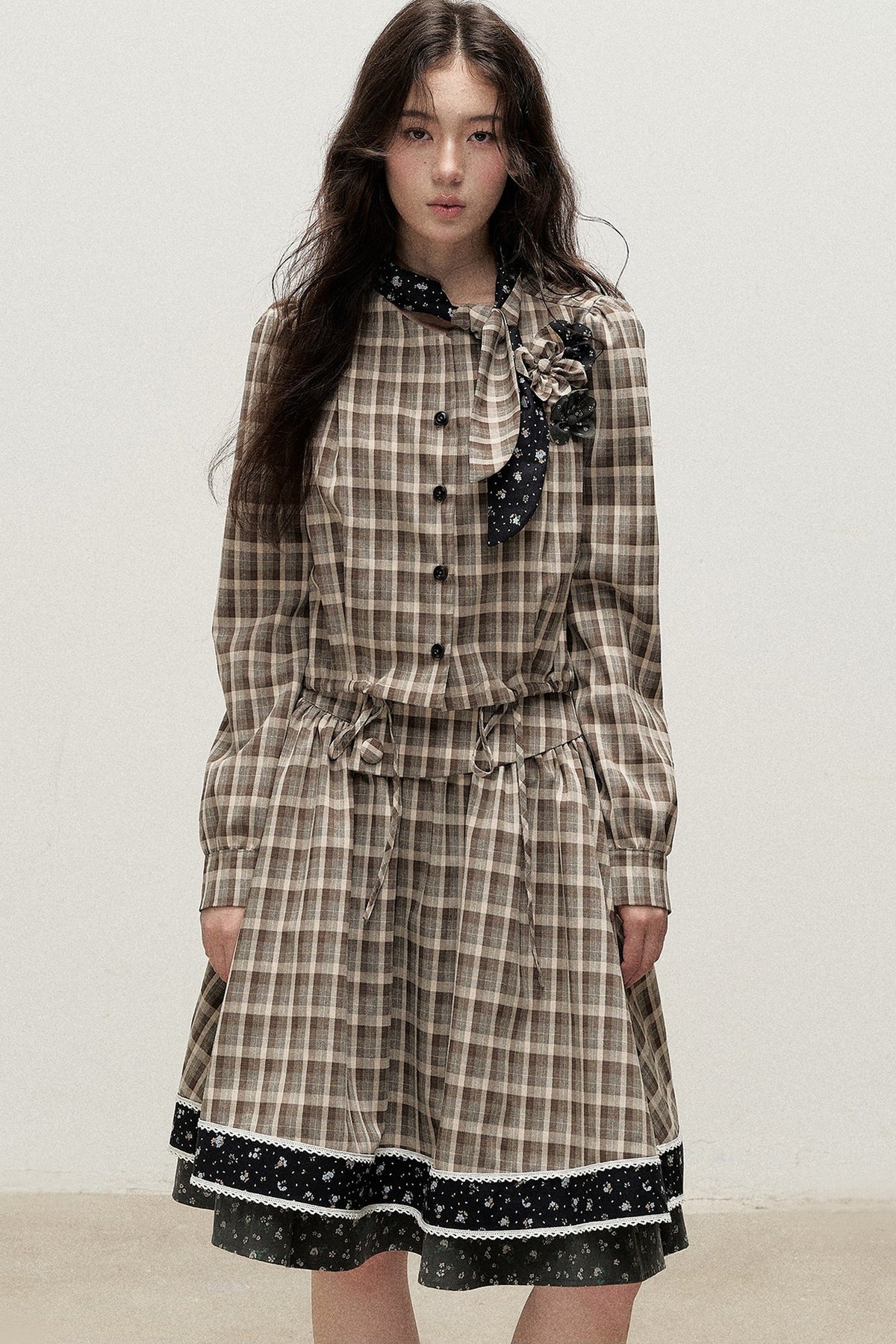 Plaid Contrast Ribbon Shirt and Skirt Set-Up