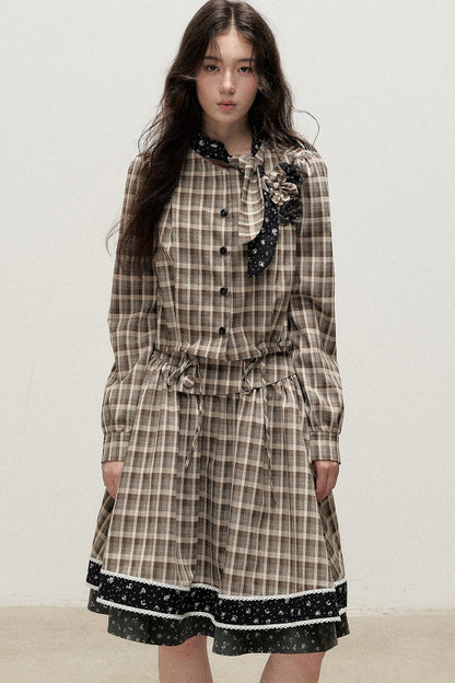 Plaid Contrast Ribbon Shirt and Skirt Set-Up