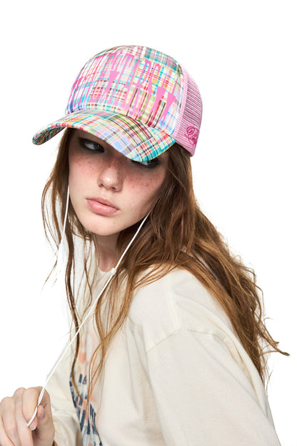 Plaid Flocking Mesh Trucker Cap