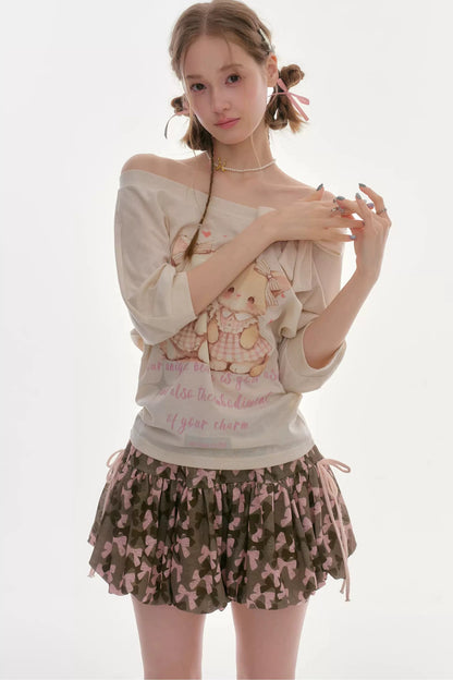Playful Cat Print Bow Top