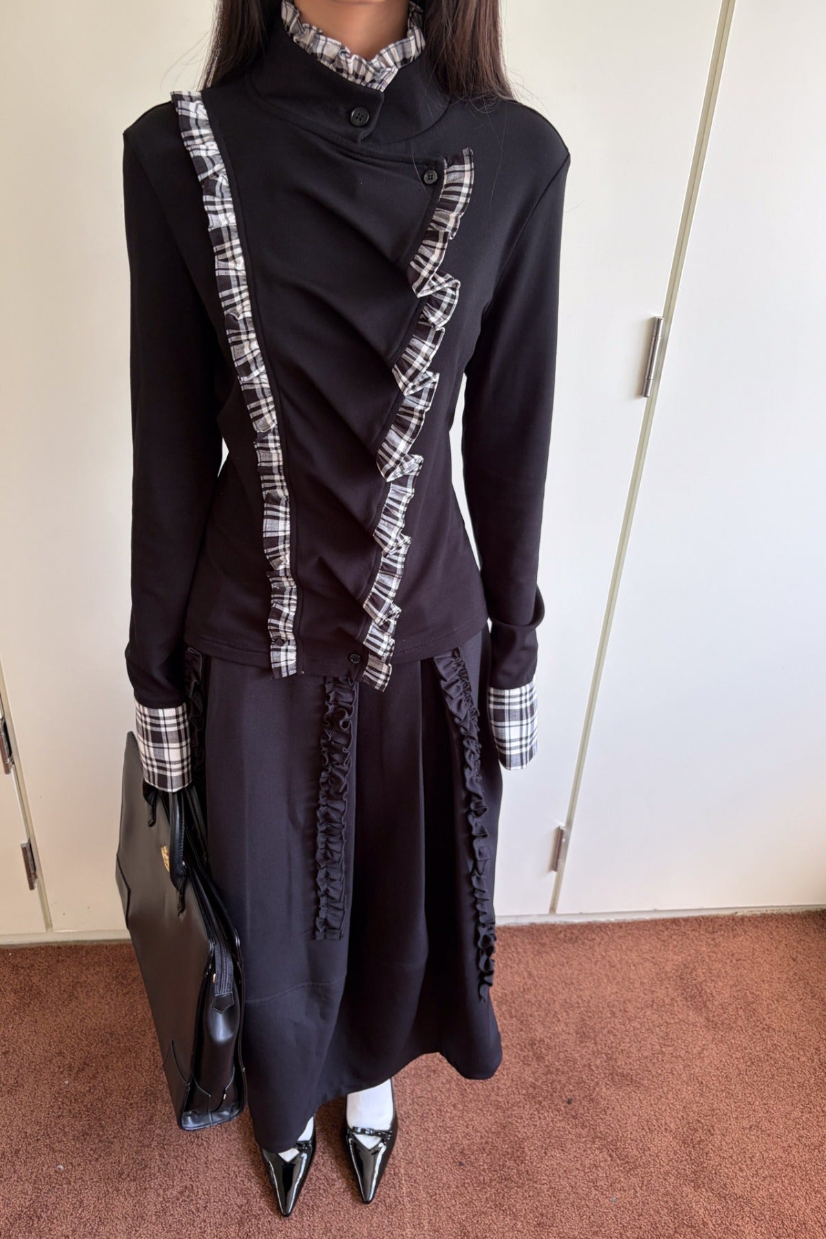 Plaid Ruffle Mock Collar Shirt