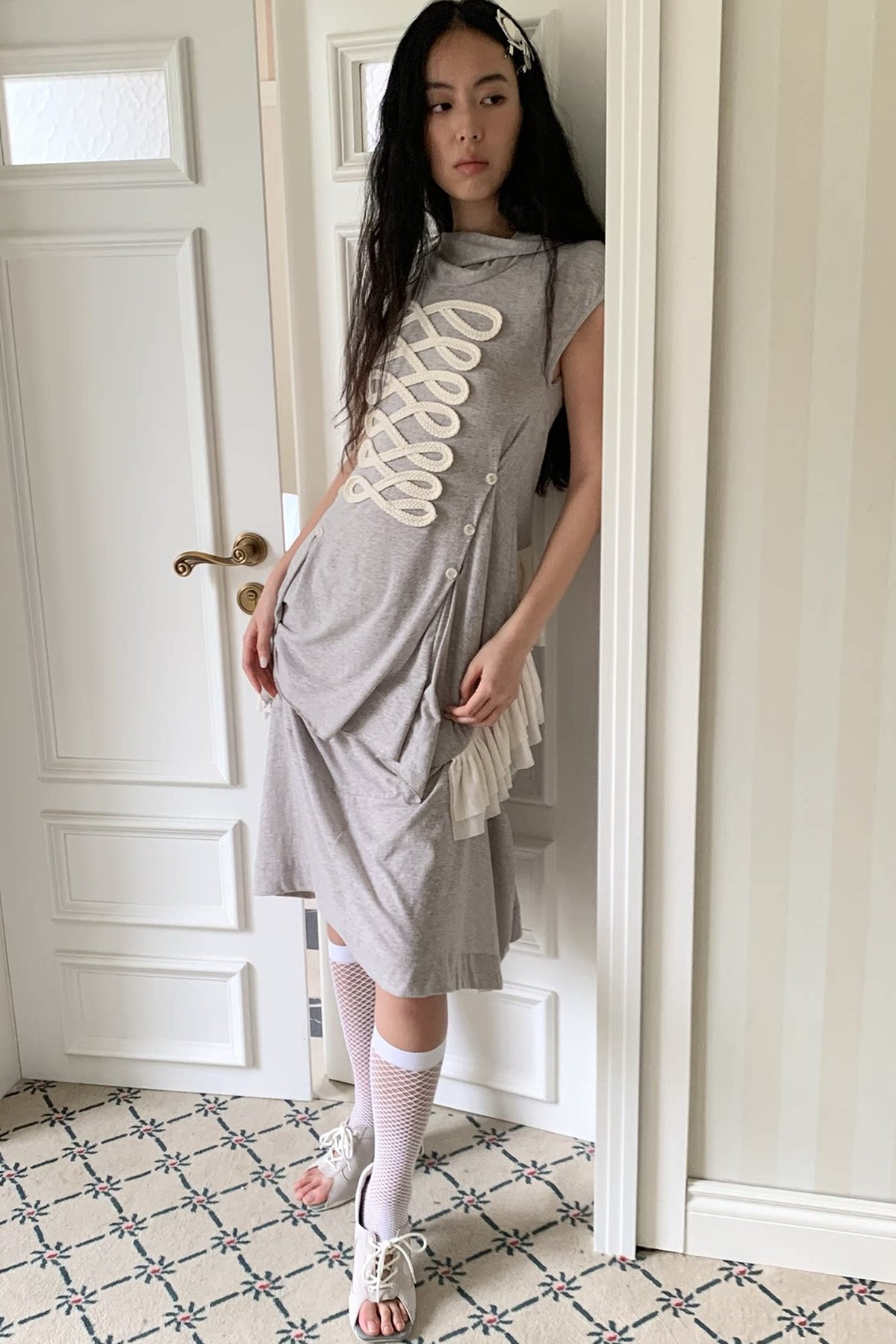 Deconstructed Mesh Patchwork Hooded Top