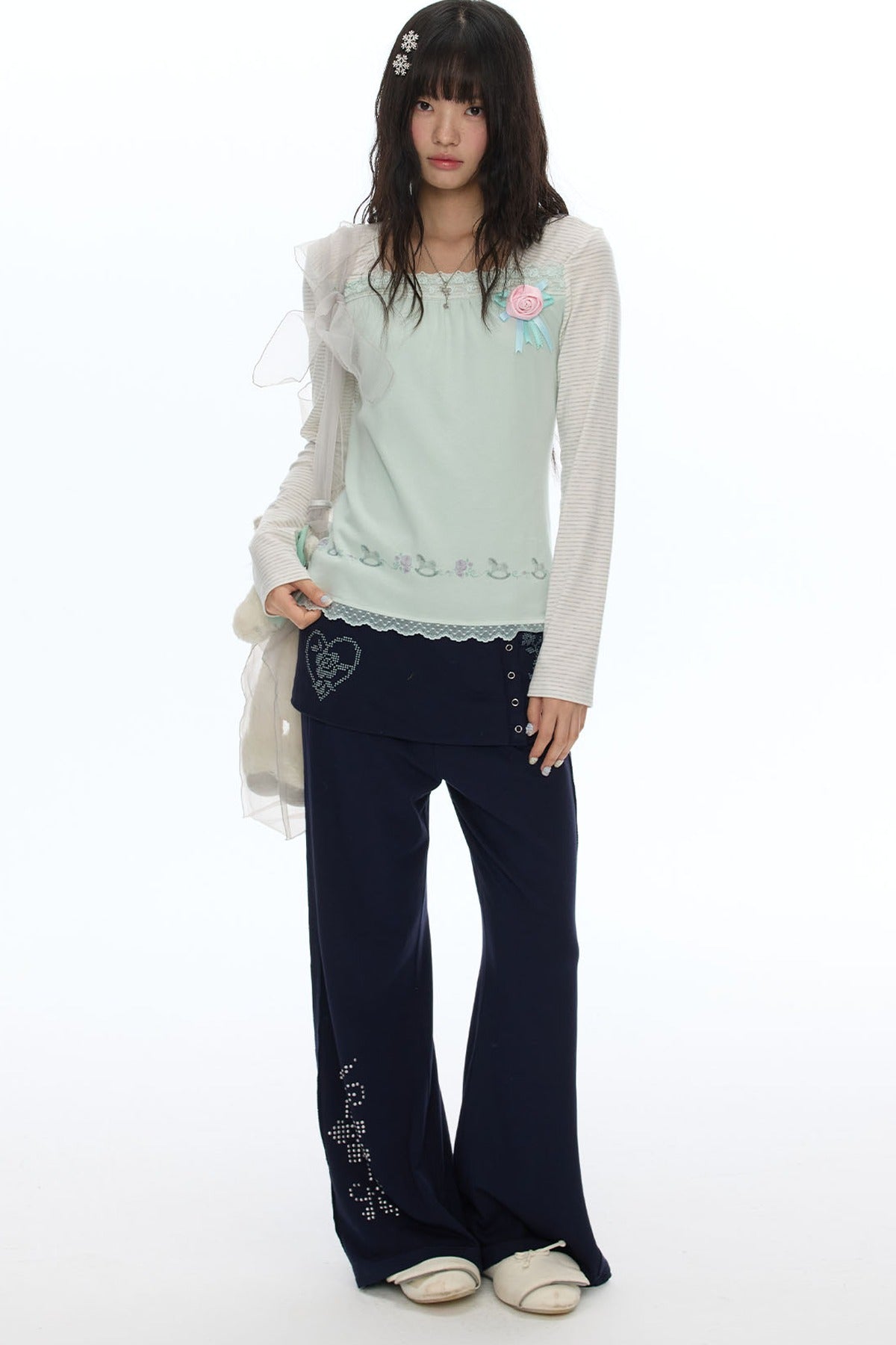 Rhinestone Layered-Look Flared Sweatpants