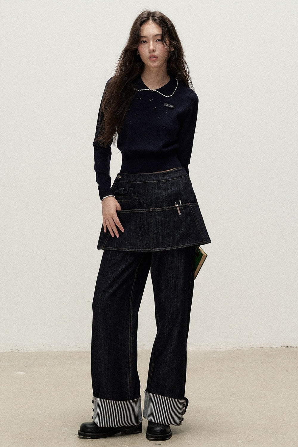 Detachable Apron Set Striped Cuffed Jeans