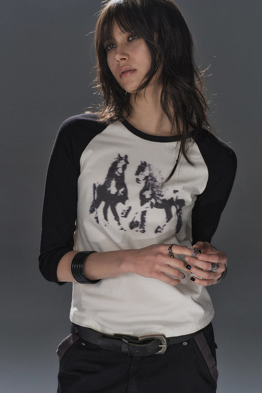 Pony Print Black White Splicing Raglan T-shirt