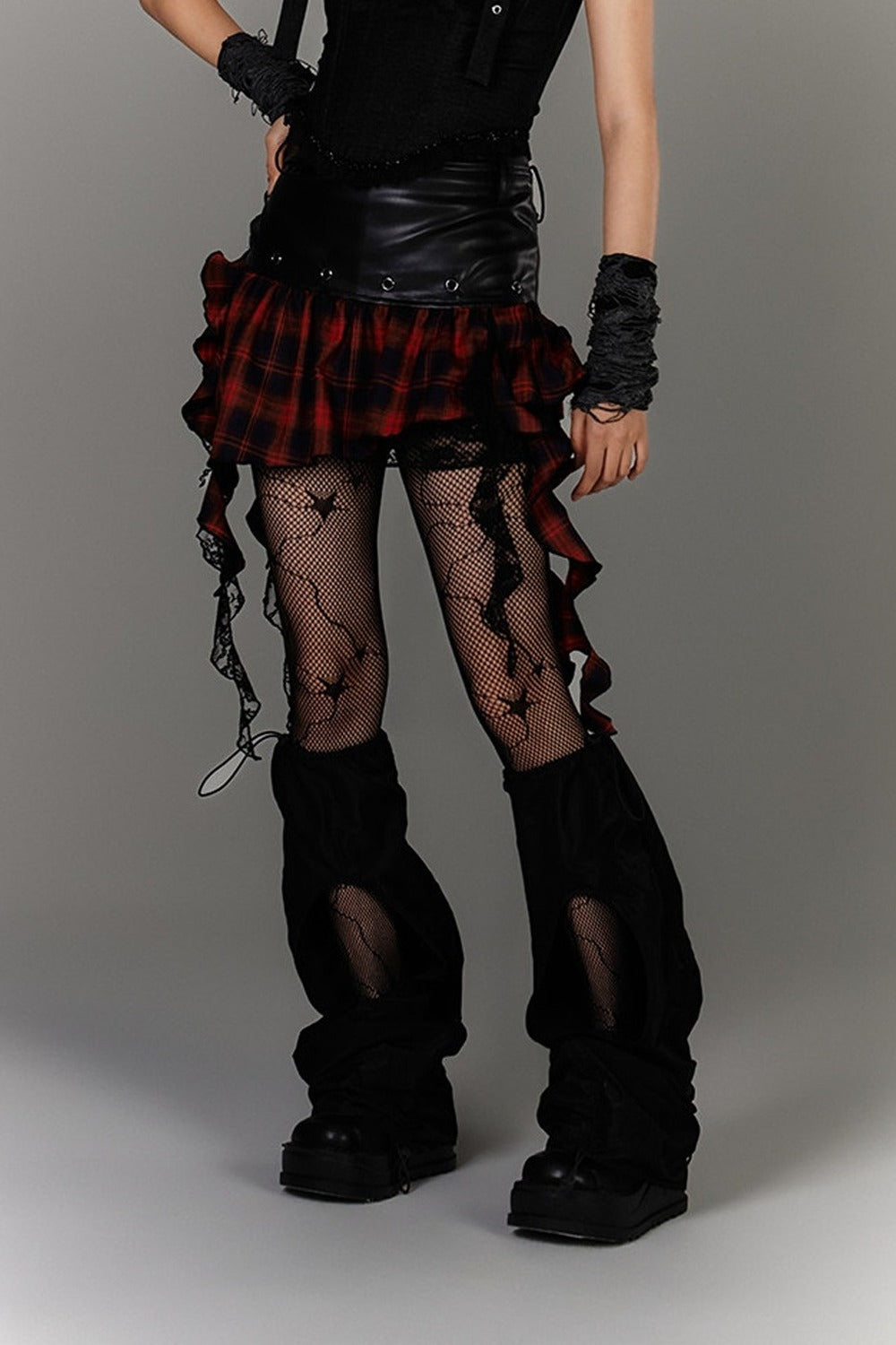 Irregular Hem Ruffle Patchwork Plaid Skirt