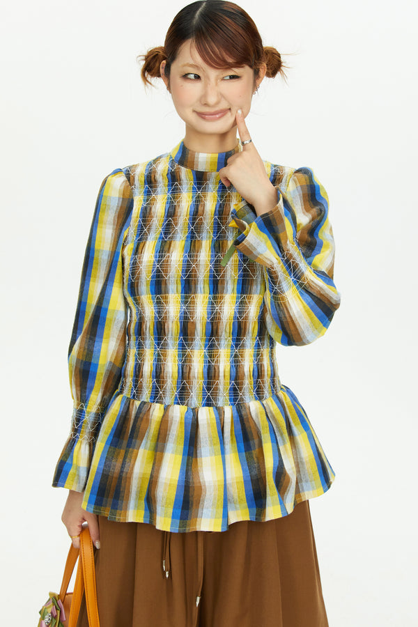 Retro Plaid Ruched Top