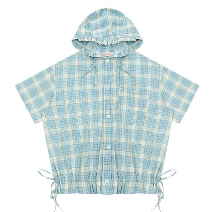 Sea Salt Plaid Hooded Blouse