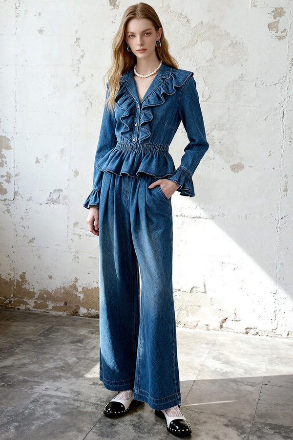 Ruffle Blouse and Wide-Leg Pants Set