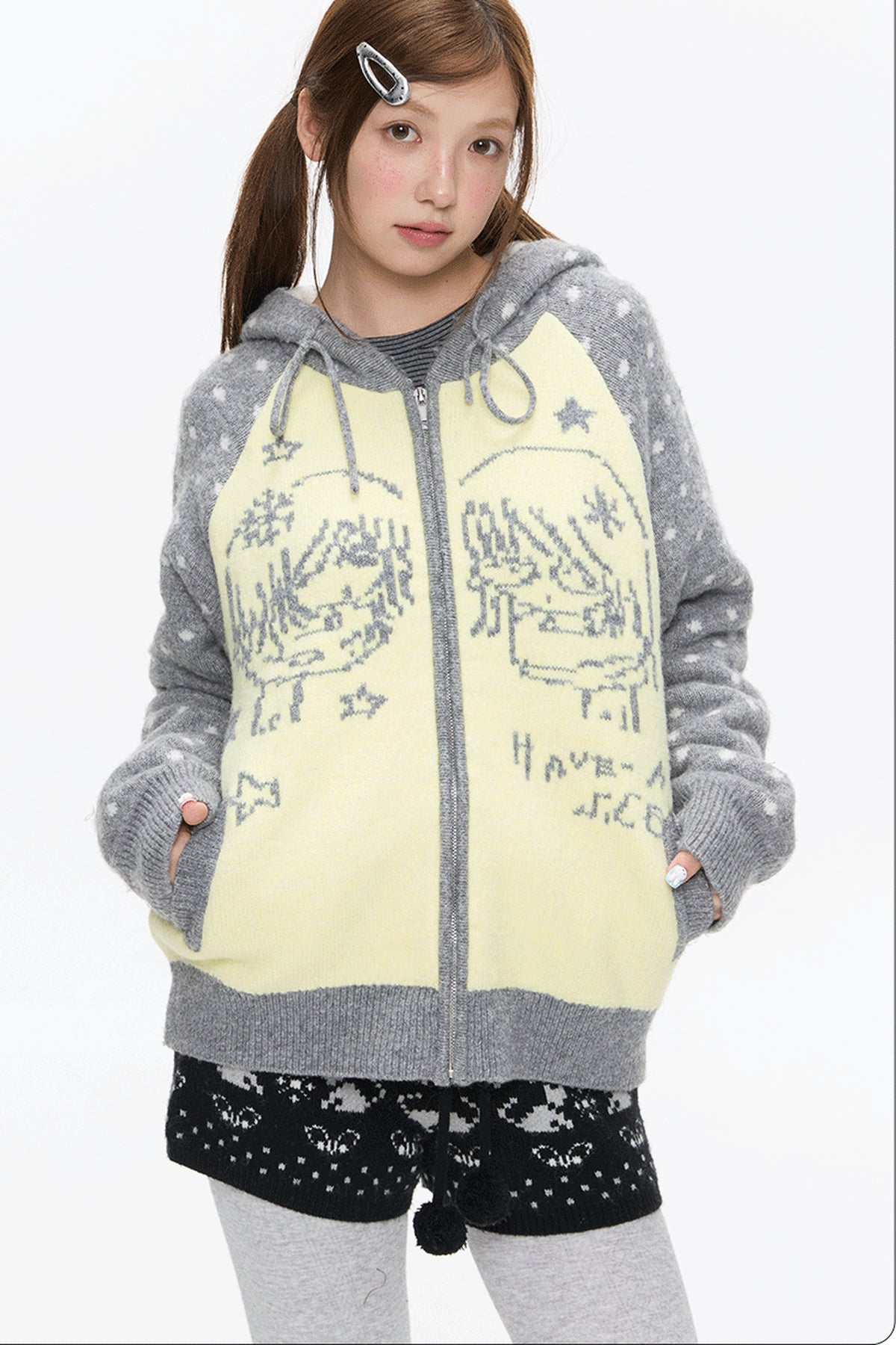 Polka Dot Raglan Zip Sweater