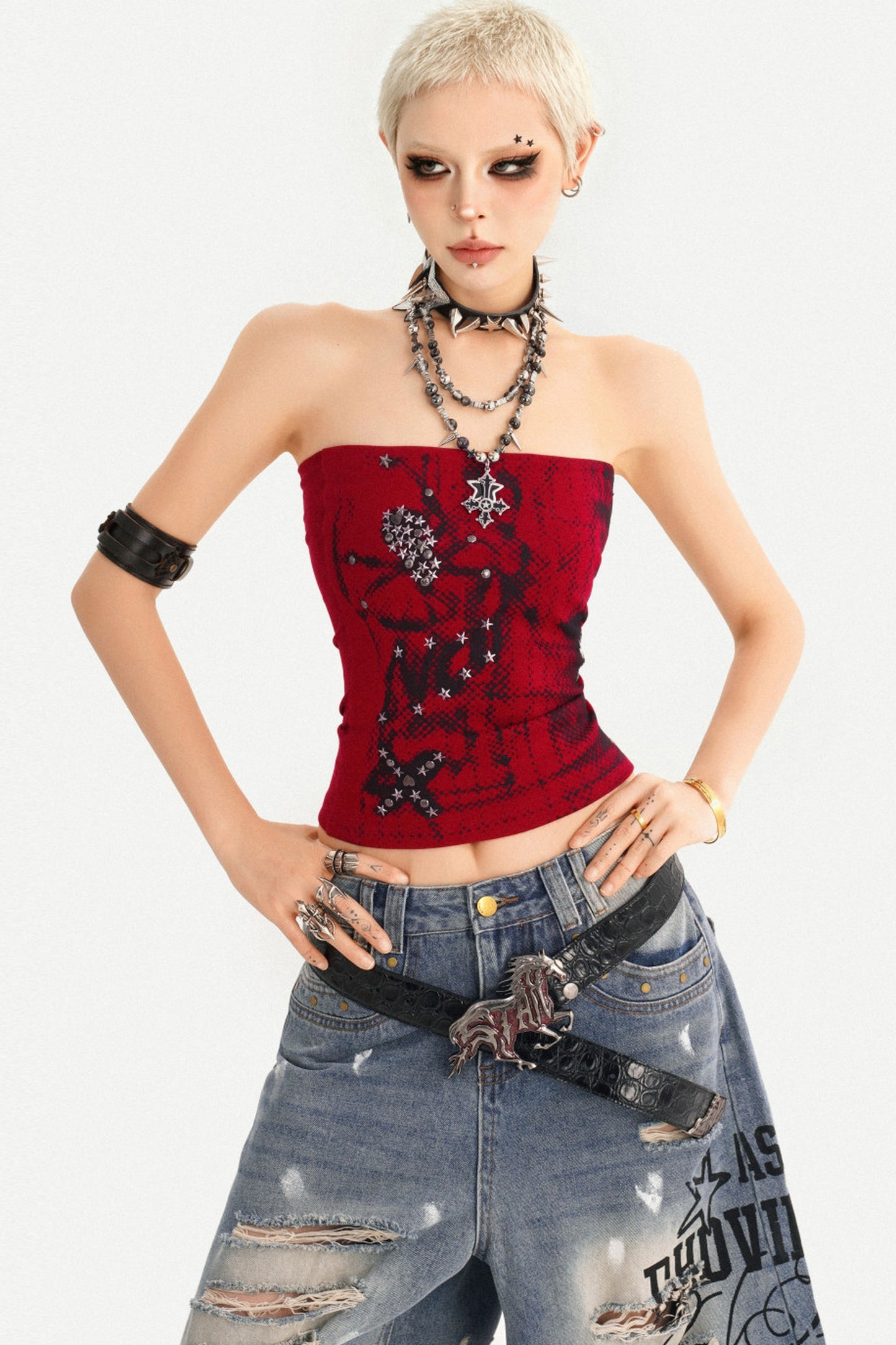 Red Gothic Studded Tube Top