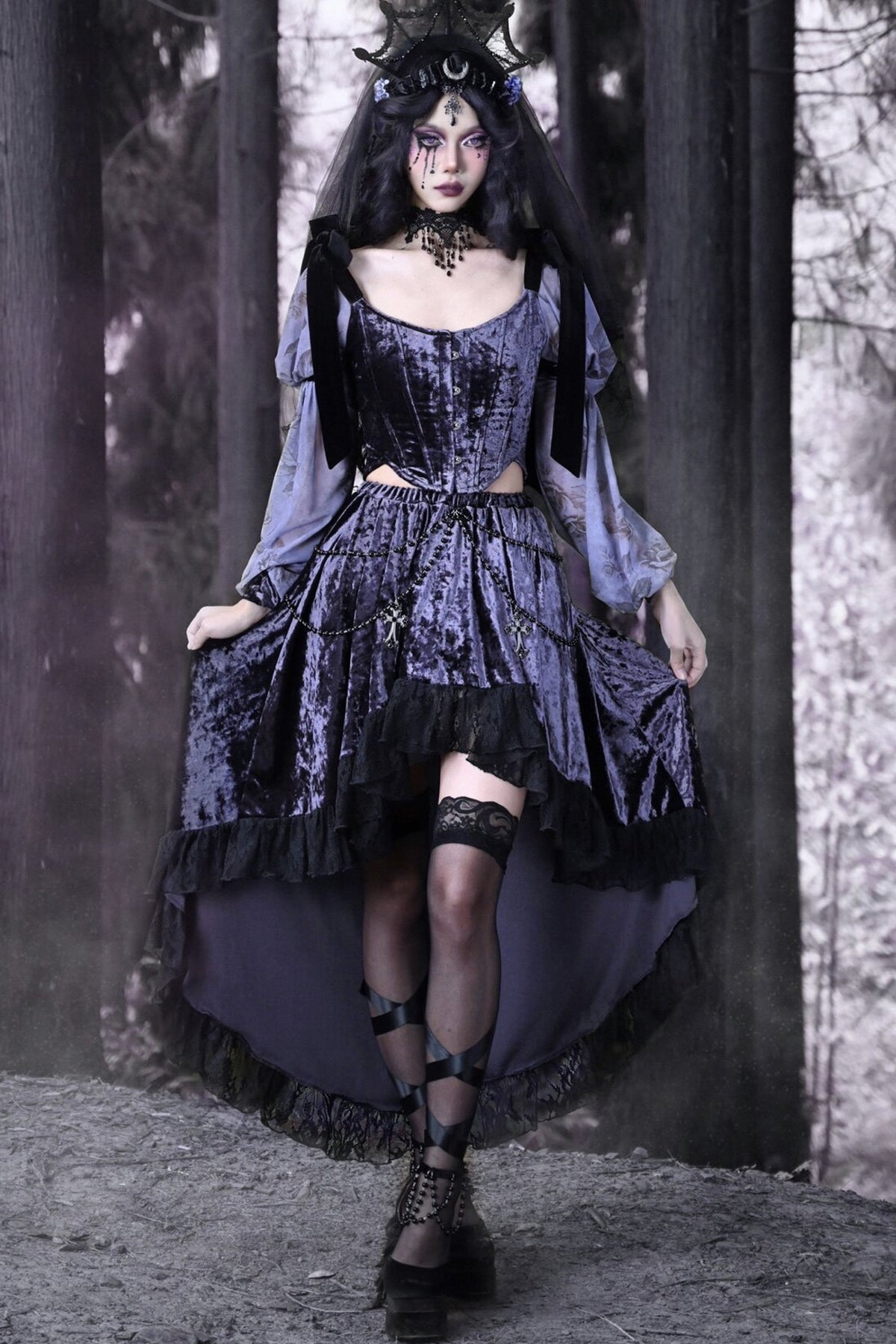 Gothic Velvet High-Low Lace Trim Skirt