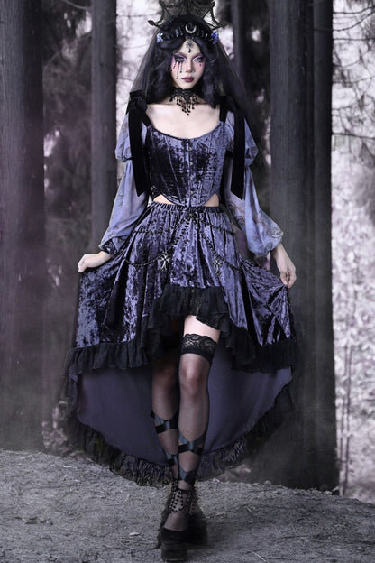 Gothic Velvet High-Low Lace Trim Skirt