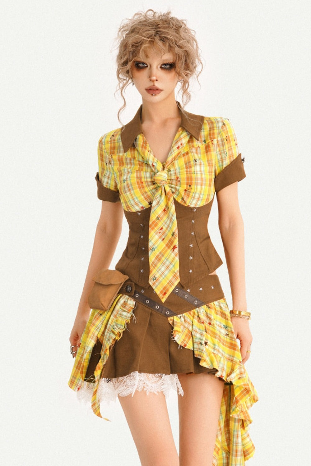 Retro Plaid Shirt and Pleated Skirt Set
