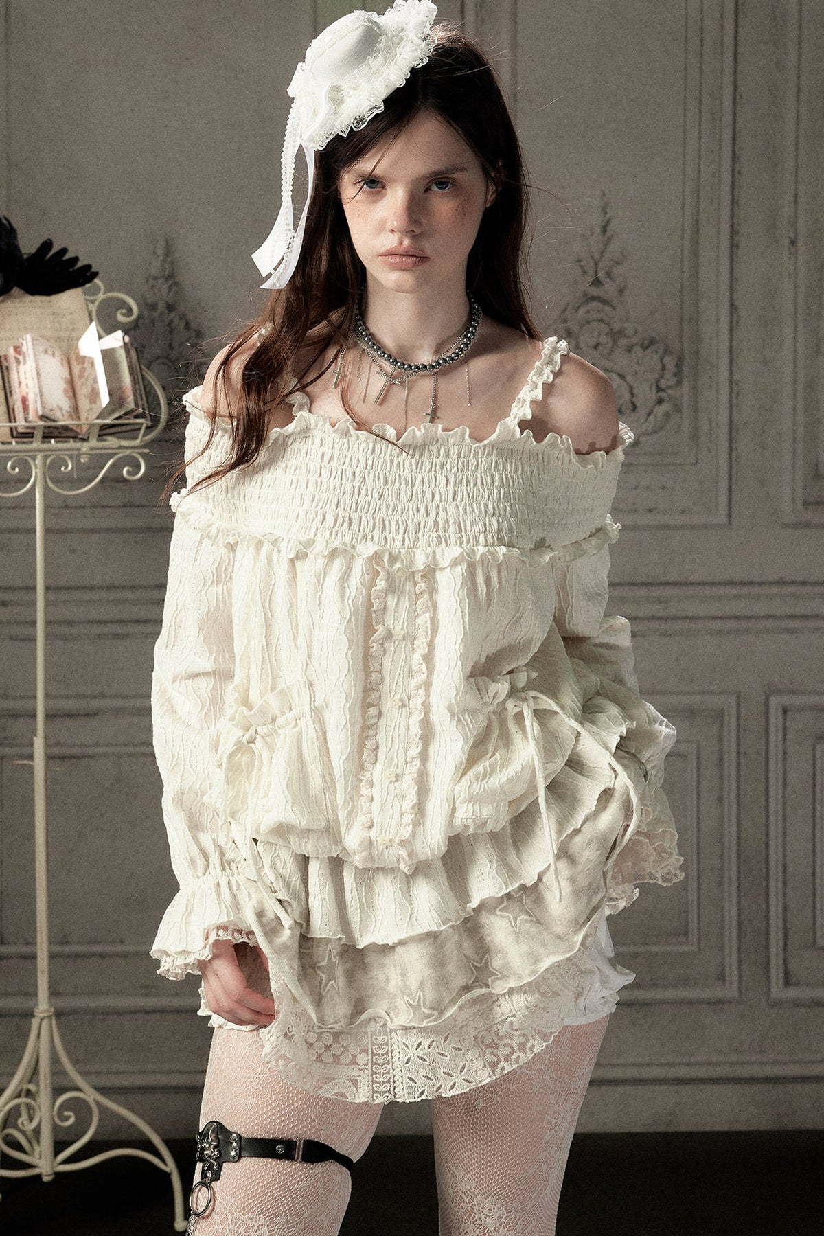 Beige Lace Off-Shoulder Dress