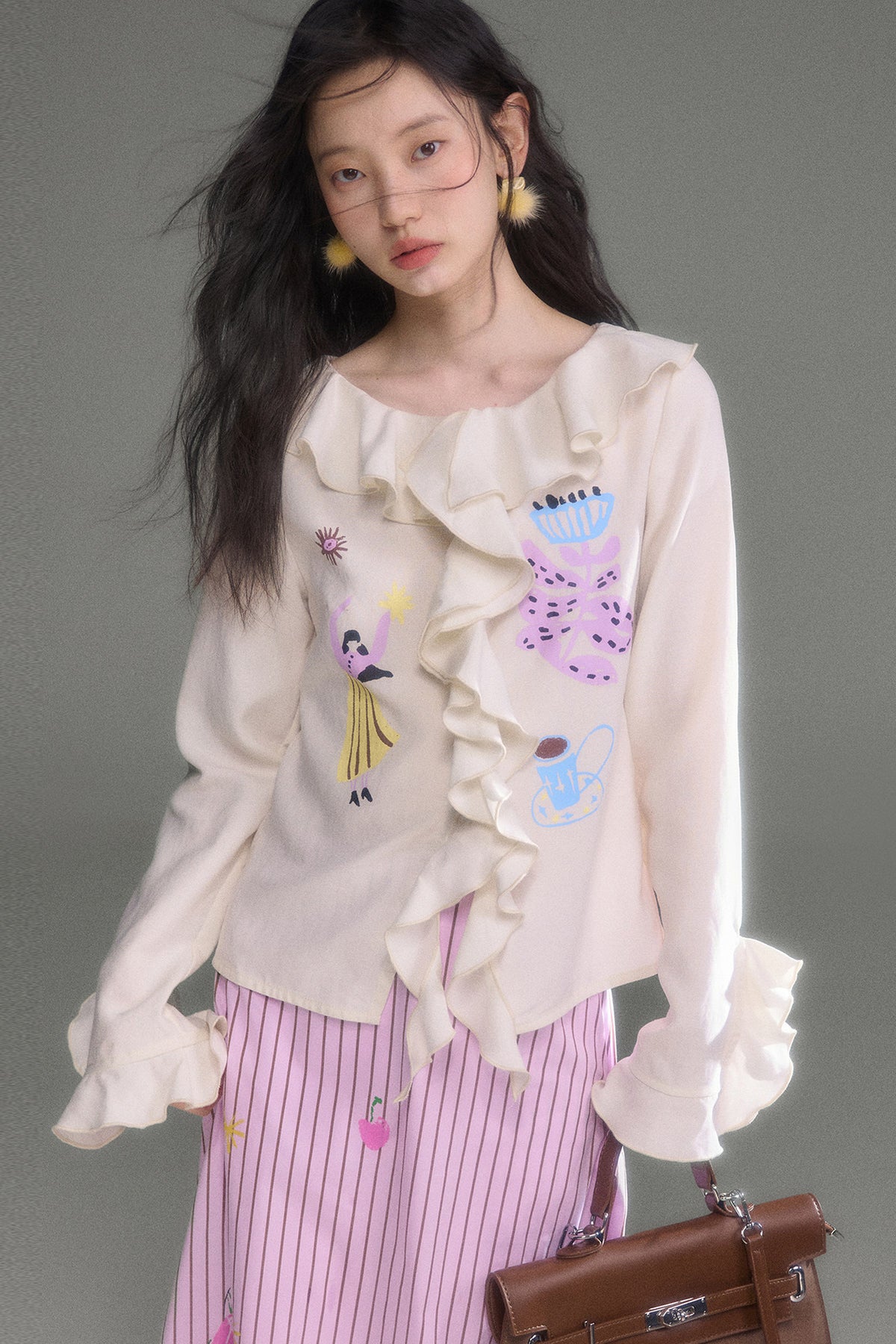 French Ruffle Flared Long-Sleeve Blouse