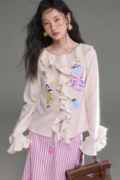 French Ruffle Flared Long-Sleeve Blouse
