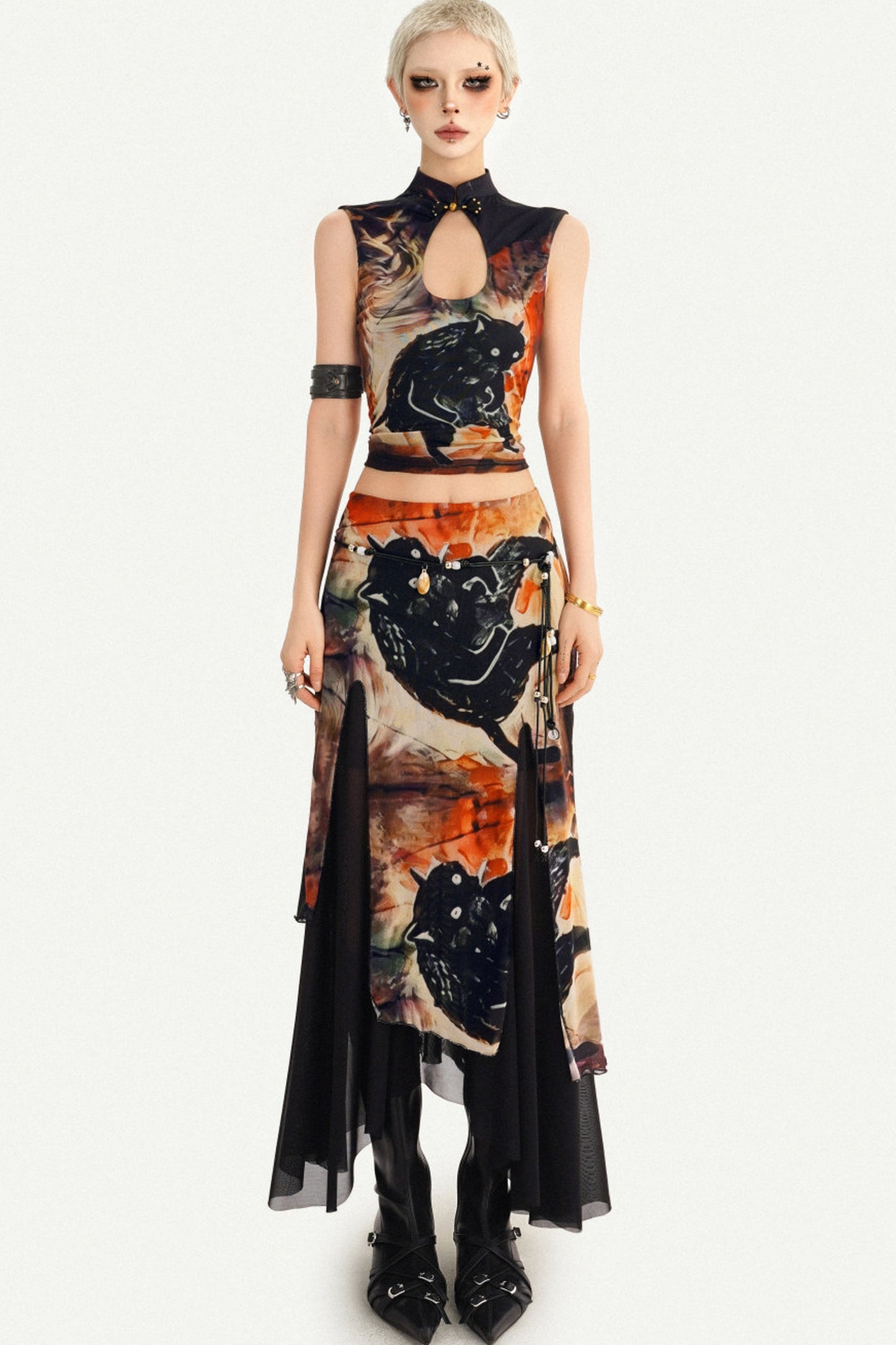 Oriental Ink Painting Print Double-Layer Mesh Tank Top Set-Up