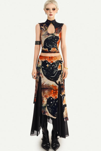 Oriental Ink Painting Print Double-Layer Mesh Tank Top Set-Up