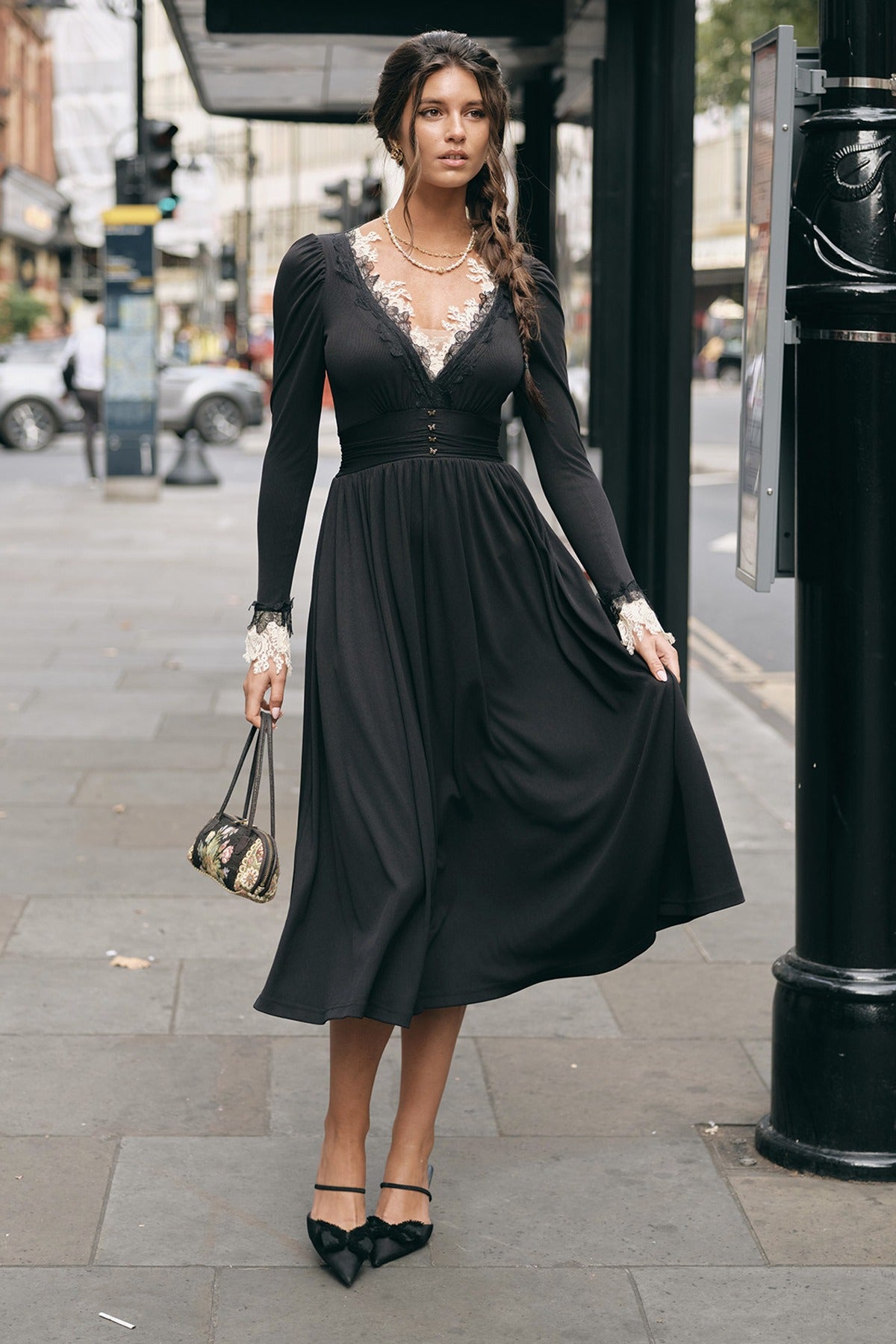 Black Mandala Lace V-Neck Long Sleeve Dress