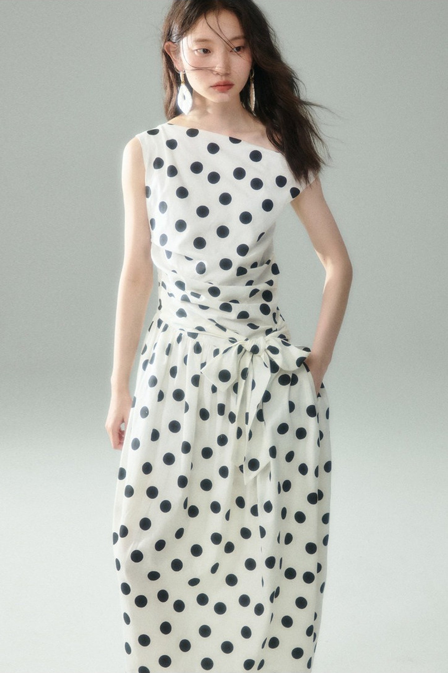 Off-Shoulder Polka Dot Twist Tie Dress
