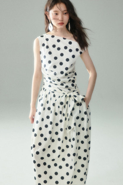 Off-Shoulder Polka Dot Twist Tie Dress