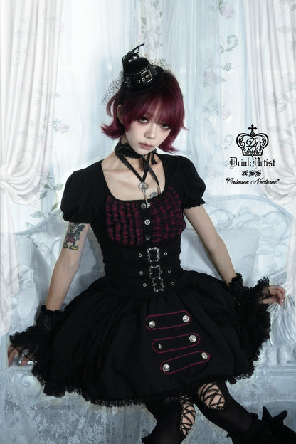 Plaid Puff Sleeve Knit Top and Mesh Cake Skirt Set-Up