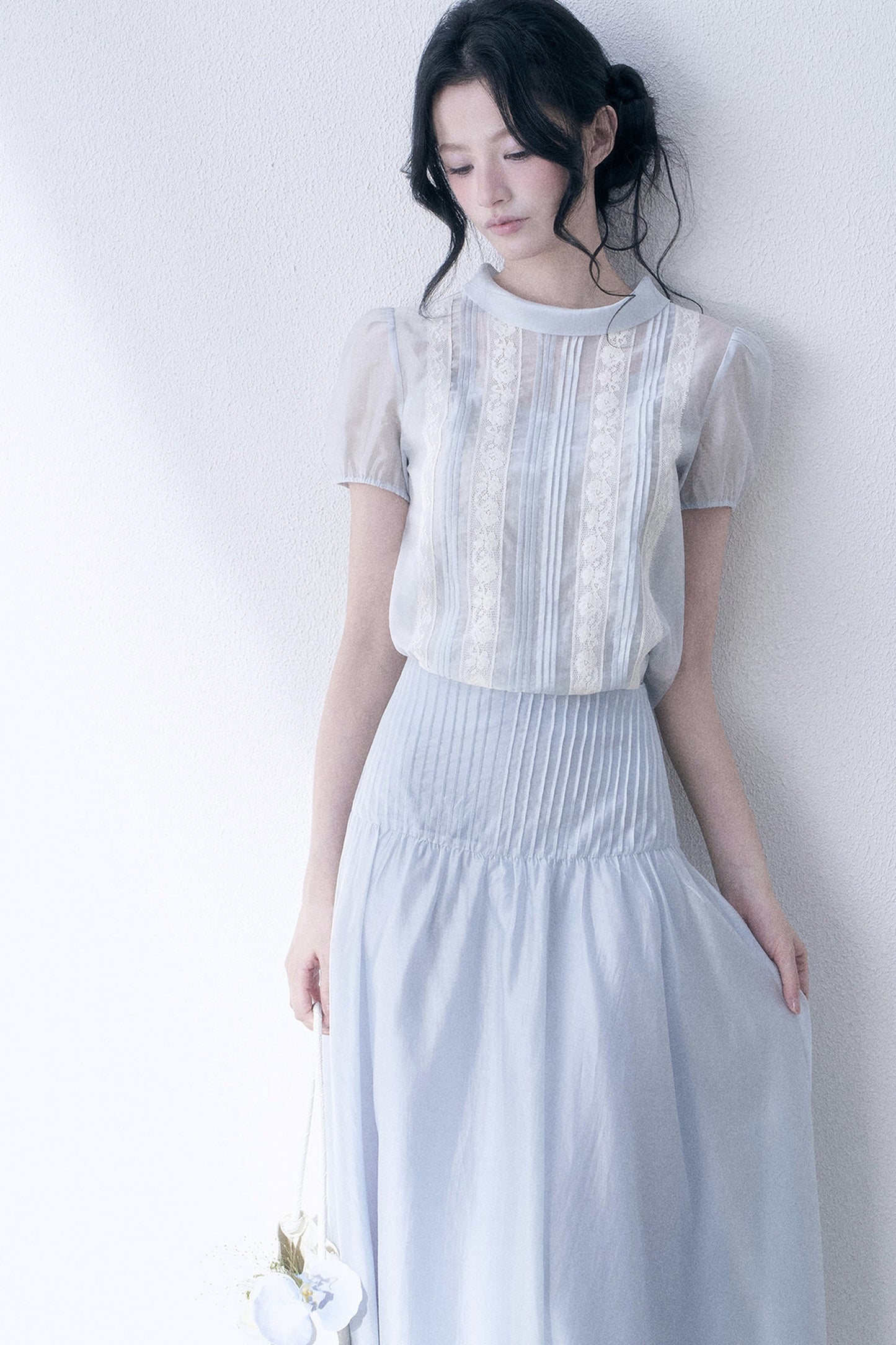 Lace Spliced Tencel Top and Skirt Set