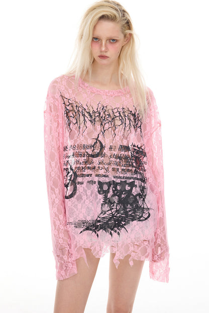 Loose Ripped Lace Cat Print Tee