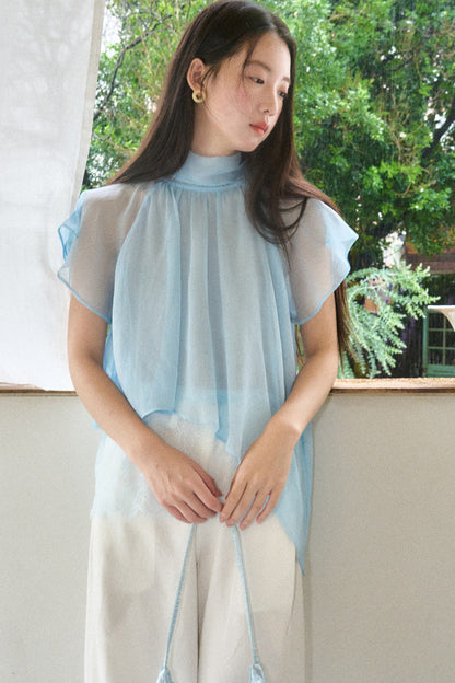 Sheer Blue Lace Ribbon Short Sleeve Top