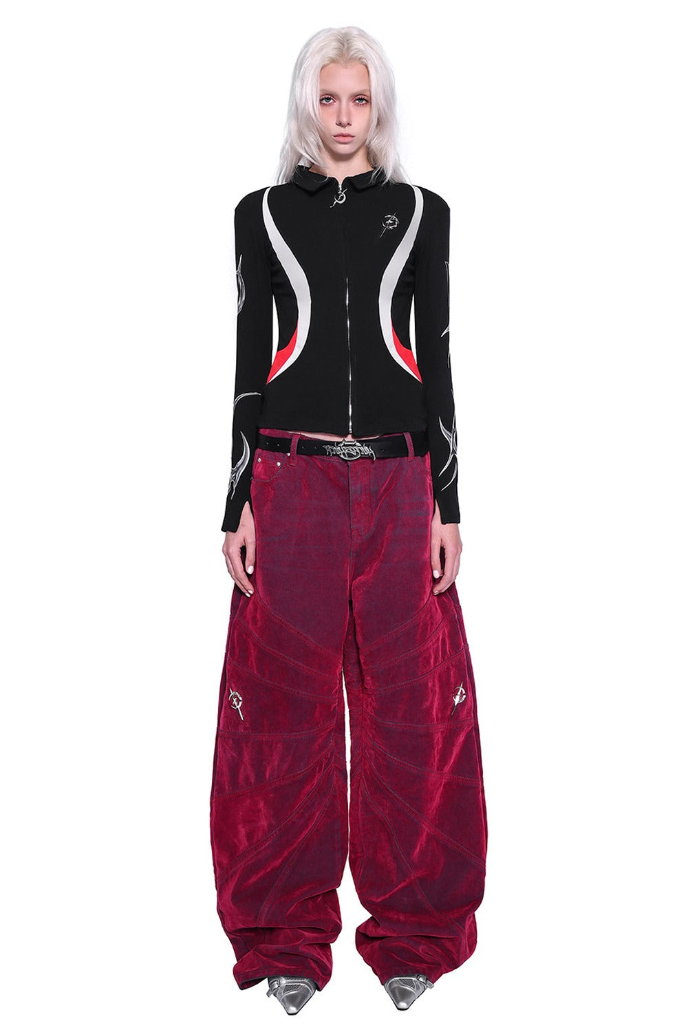 Red Ray Structure Velvet Loose Fit Jeans
