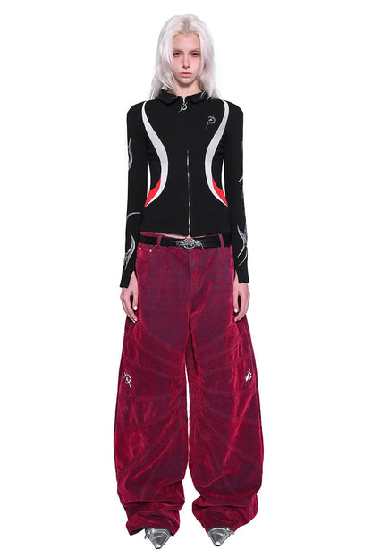 Red Ray Structure Velvet Loose Fit Jeans