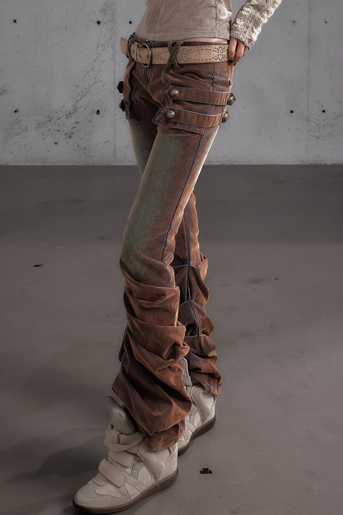 Punk Flocked Ruched Low-Waist Curved Leg Jeans