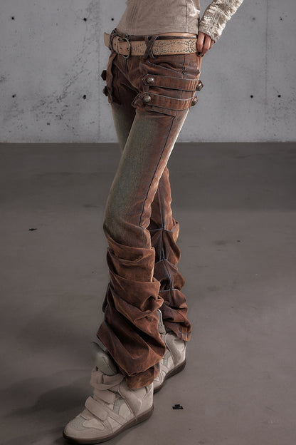 Punk Flocked Ruched Low-Waist Curved Leg Jeans