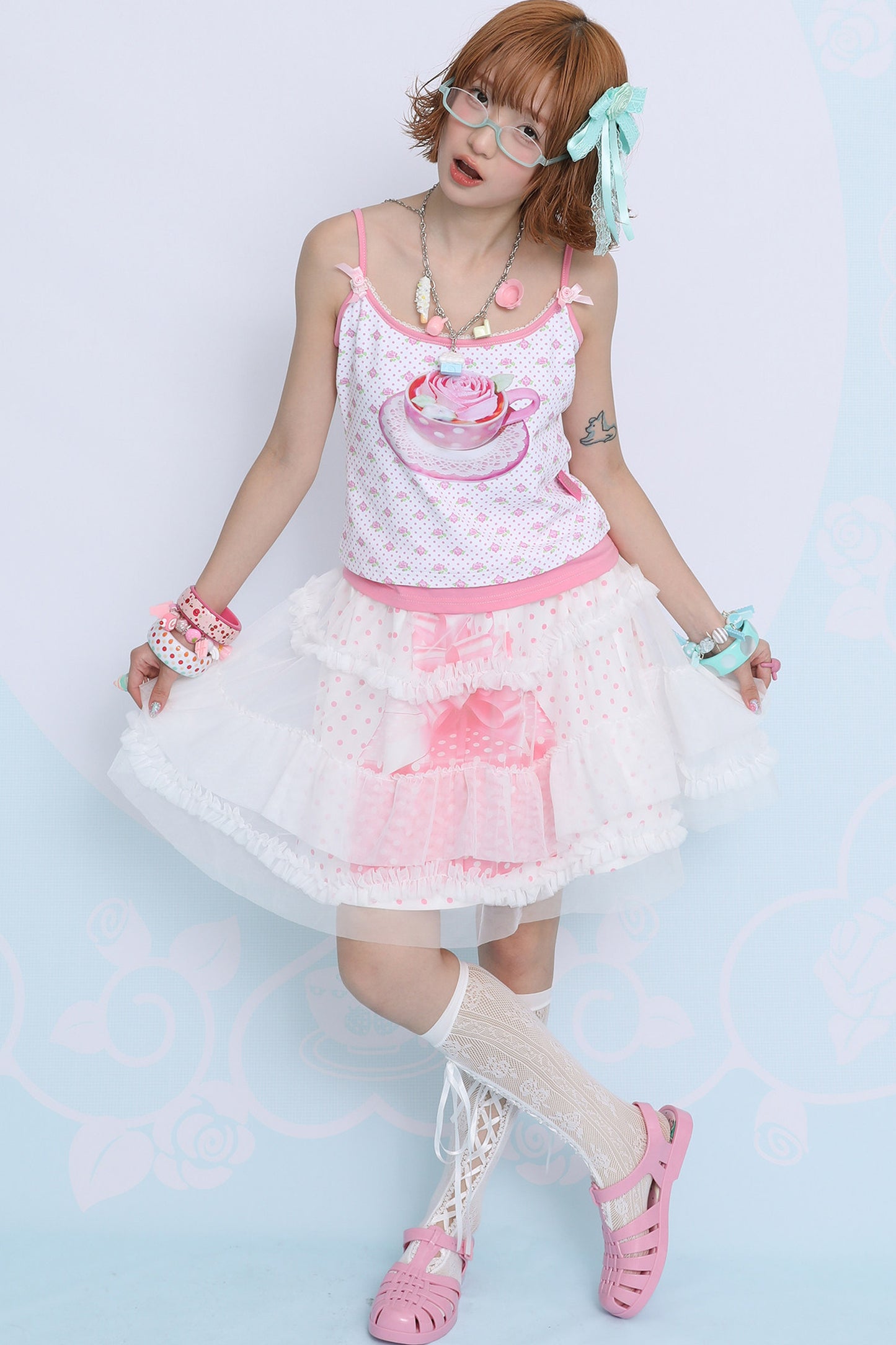 Double-Layer Double-Sided Cake Print White Gauze Skirt