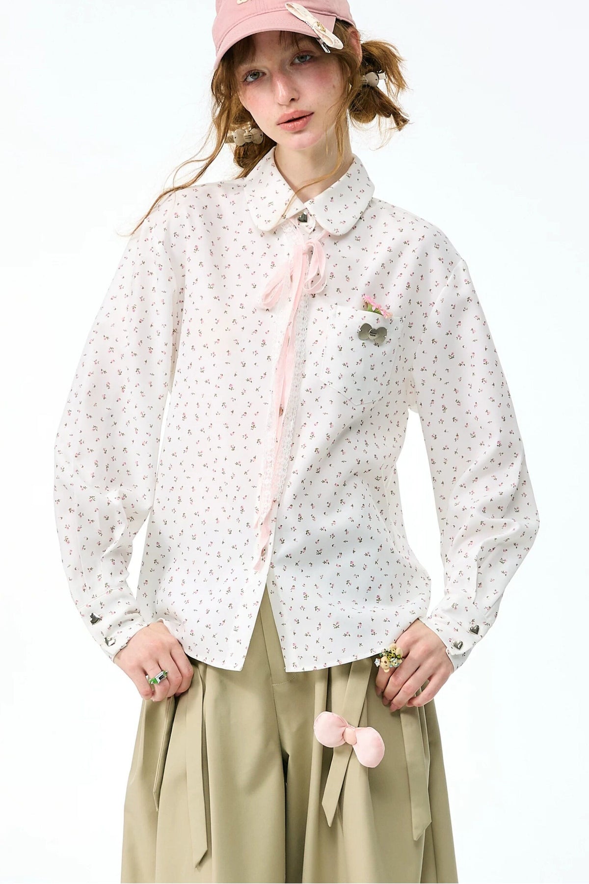 Lace-Up Doll Collar Floral Shirt