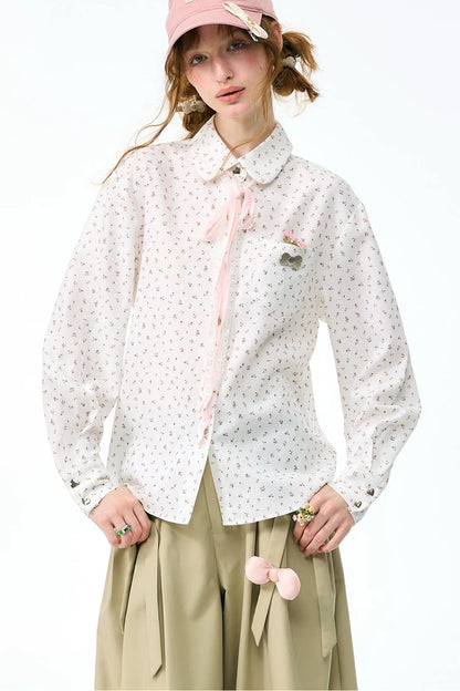Lace-Up Doll Collar Floral Shirt