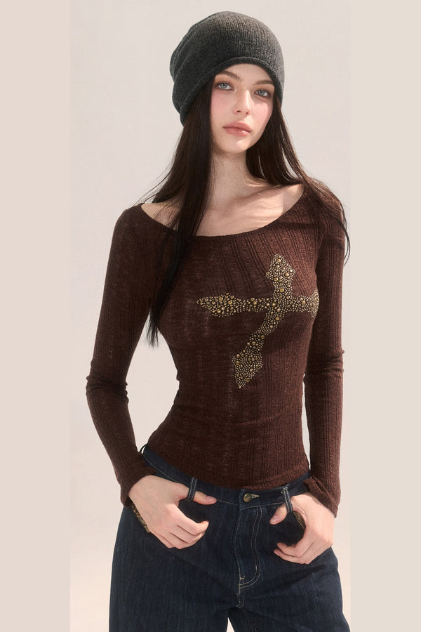 Retro Cross Rhinestone Long-Sleeve Knit T-Shirt