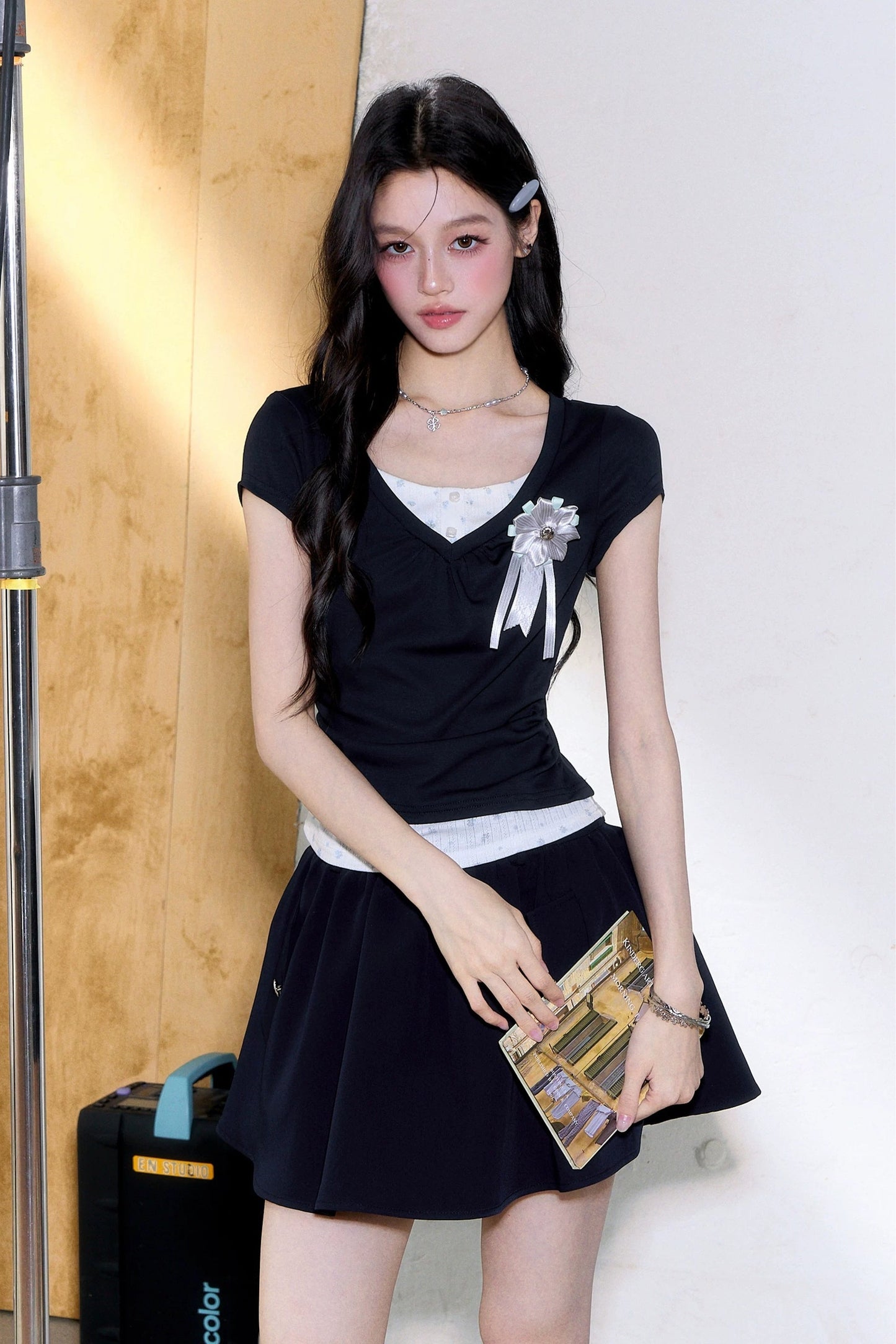 Floral Ruched Fake Two-Piece T-Shirt