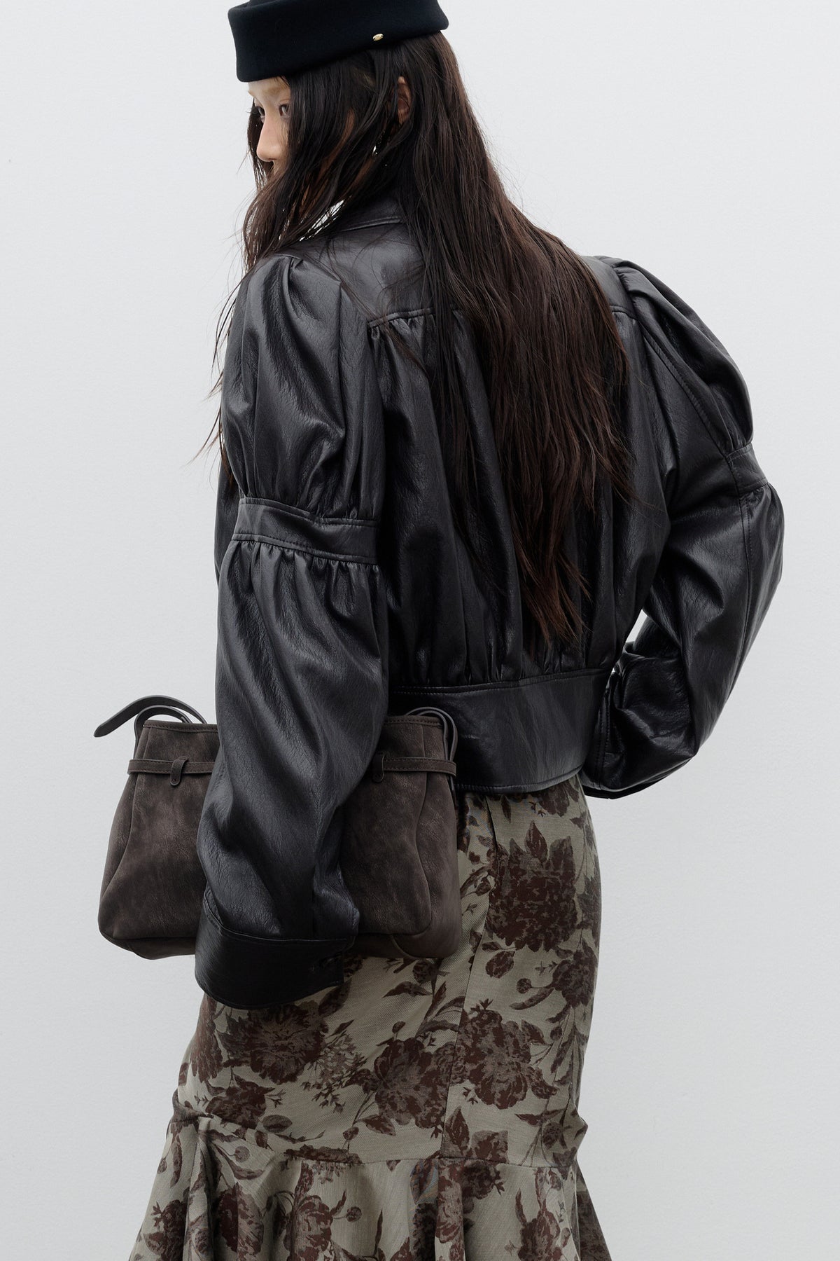 Puff Sleeve PU Leather Silhouette Jacket