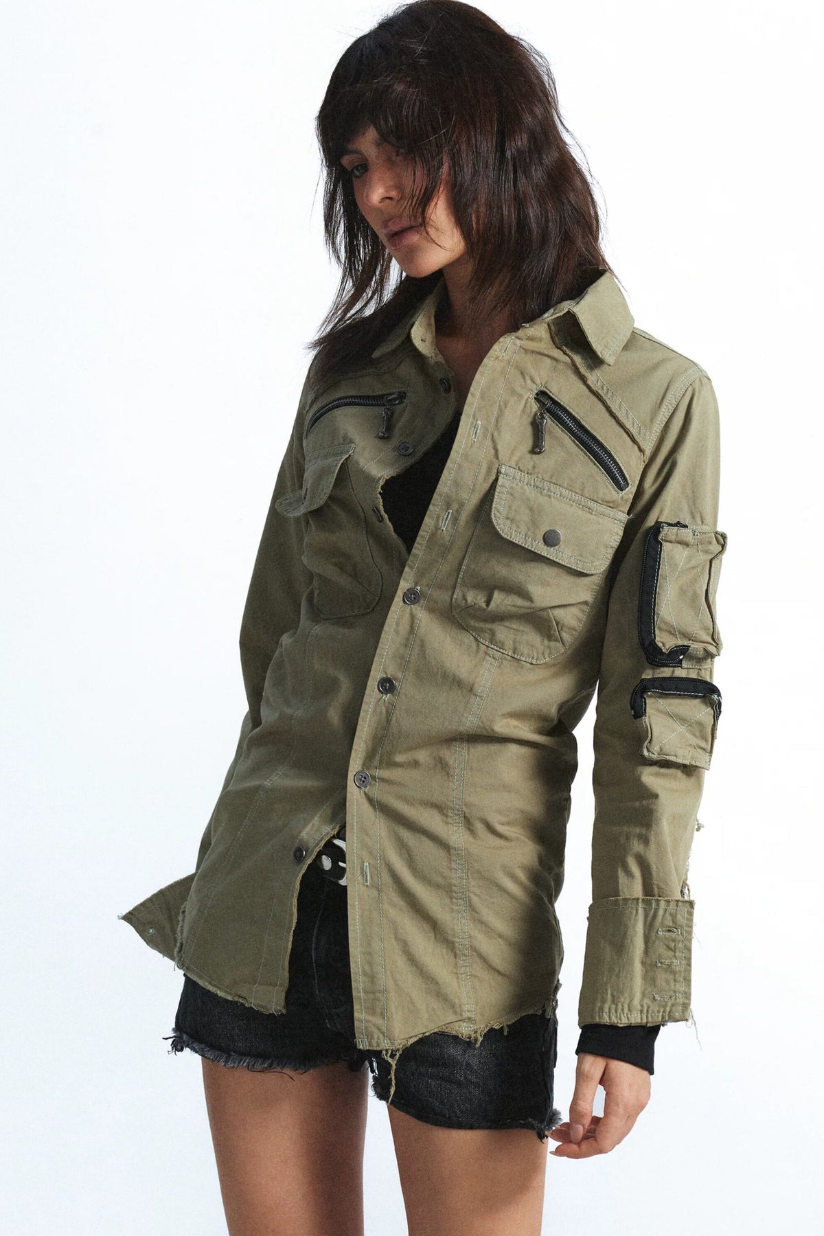 Multi-Pocket Buttoned Frayed Long-Sleeve Shirt