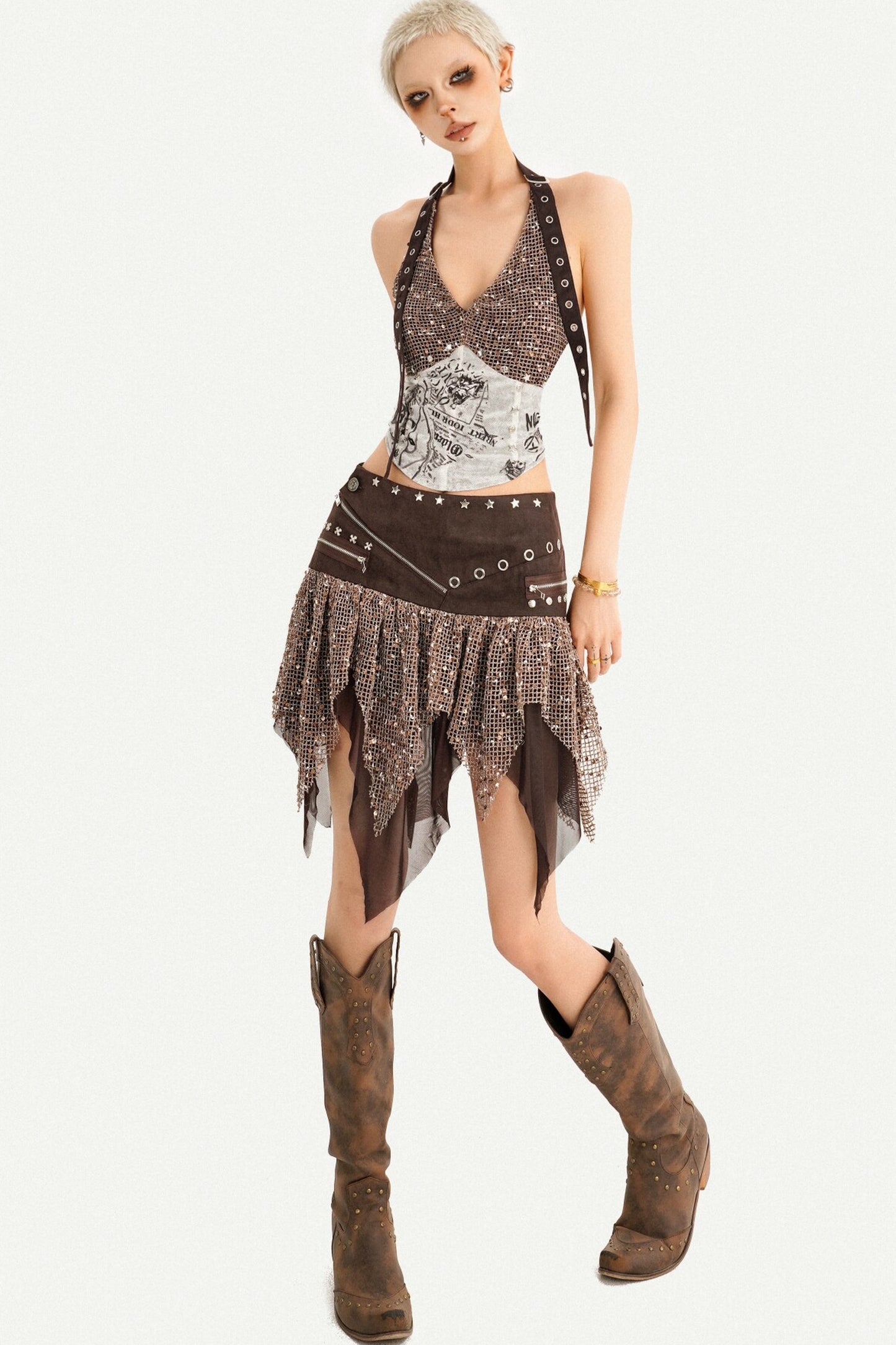Western Sequin Asymmetrical Mini Skirt