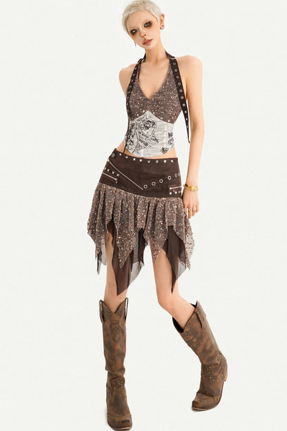 Western Sequin Asymmetrical Mini Skirt