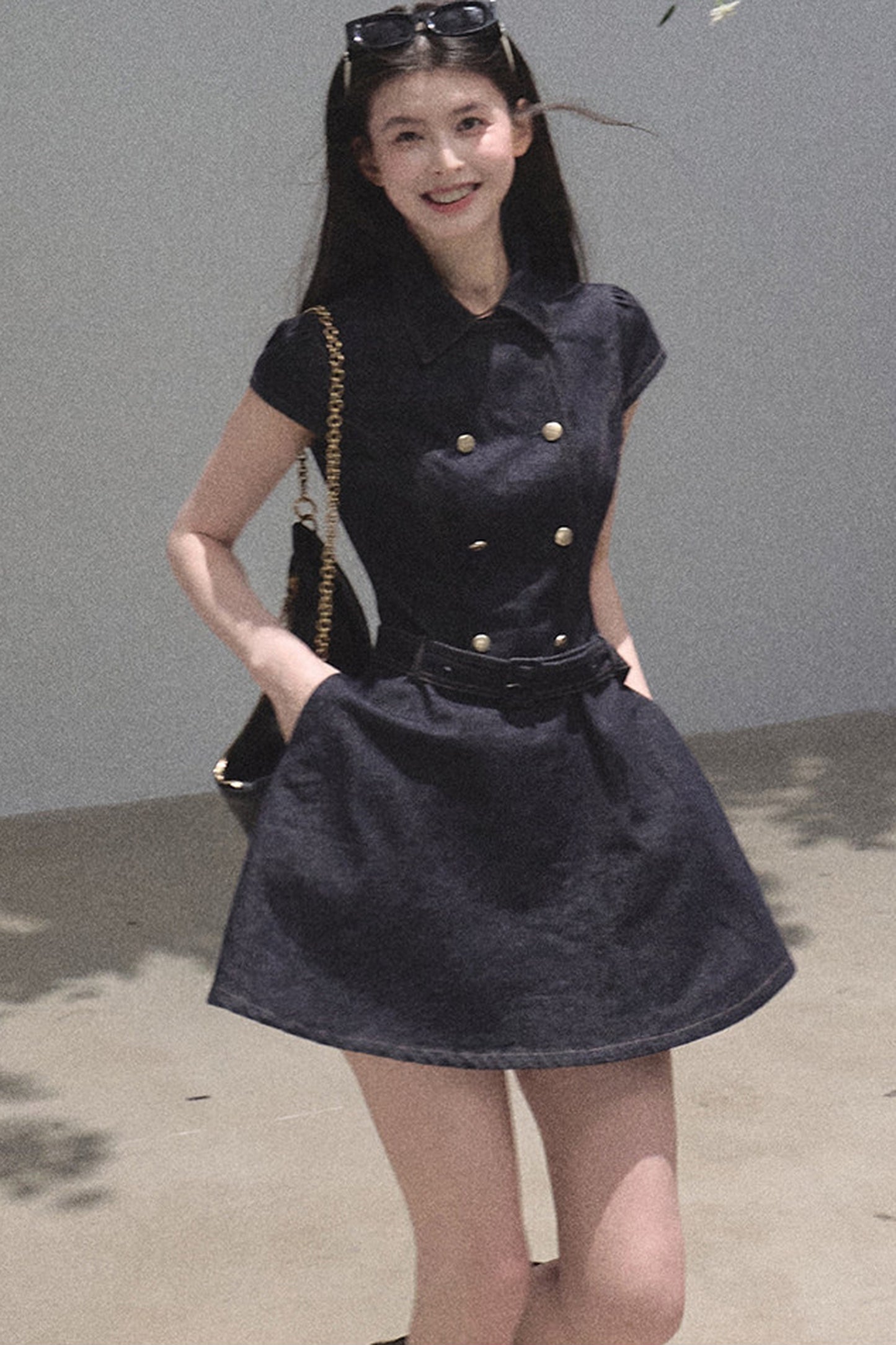 Retro Denim Waist-Cinching Dress Set-Up